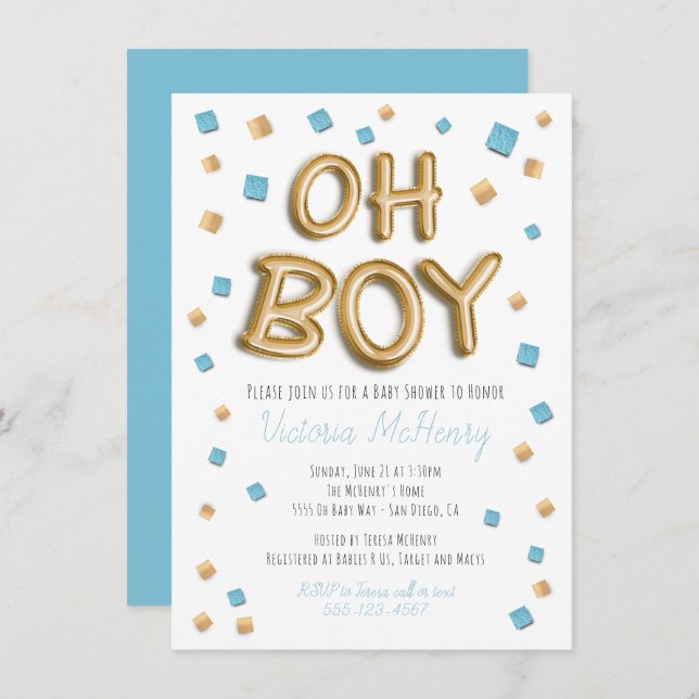 Invitaciones a la ducha con globo de Relieve metal (Anverso / Reverso)