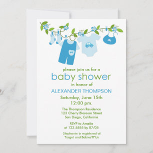Invitaciones a la ducha con la ropa de bebé azul
