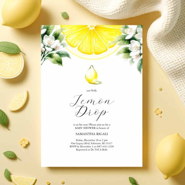 Invitaciones a la ducha con leche de limón (lemon baby shower invitations features watercolor lemons and a drop for a citrus themed party)
