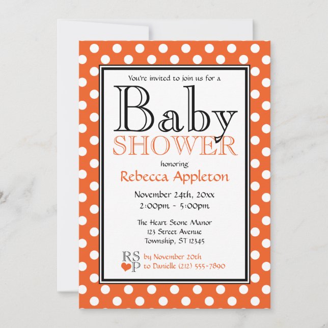 Invitaciones a la ducha con Naranja de puntos polk (Anverso)