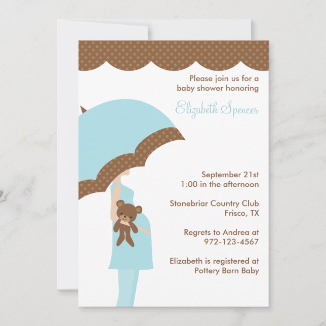 Invitaciones a la ducha con paraguas azules (Anverso)