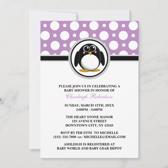 Invitaciones a la ducha con punto púrpura pingüino (Anverso)