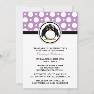 Invitaciones a la ducha con punto púrpura pingüino