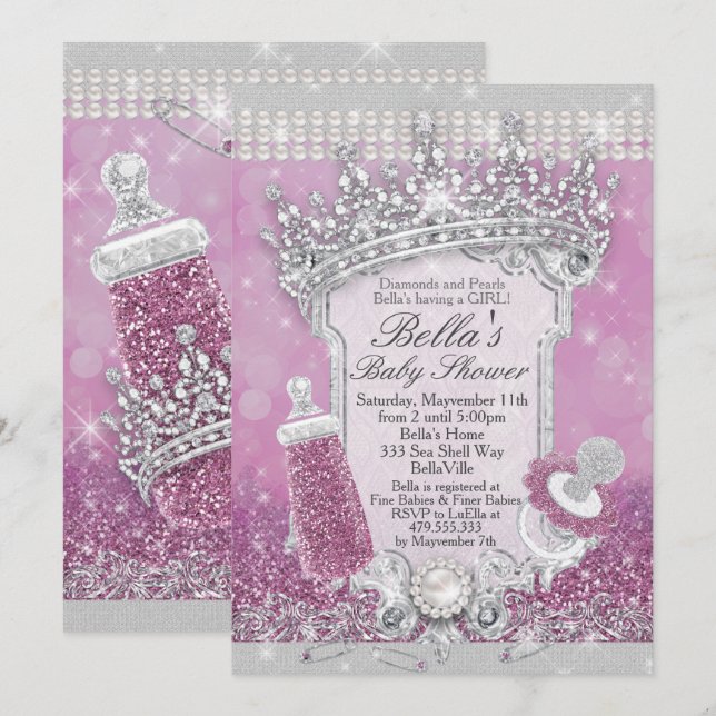 Invitaciones a la ducha con Purpurina morado (Anverso / Reverso)