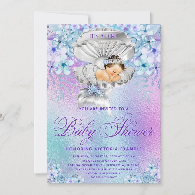 Invitaciones a la ducha con sirena morada rosa (Anverso)