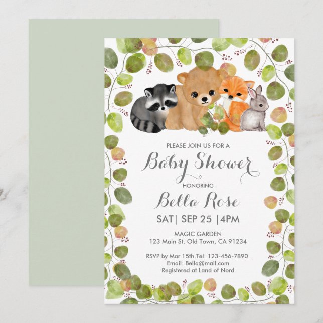 Invitaciones a la ducha de animales de bosque verd (Anverso / Reverso)