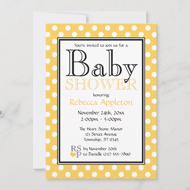 Invitaciones a la ducha de bebé amarillo polka Dot (Anverso)