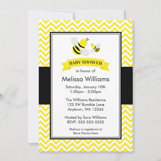 Invitaciones a la ducha de bebé Bumble Bee Chevron (Anverso)