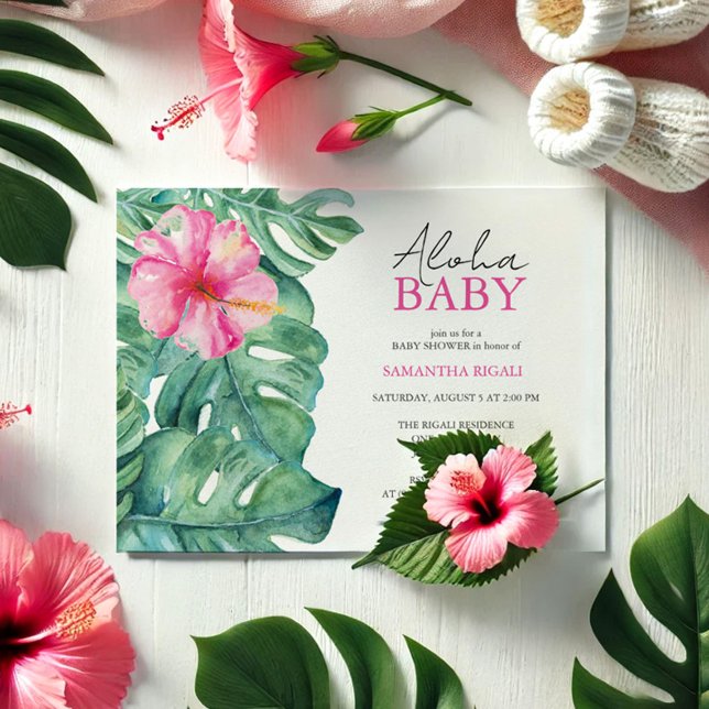 Invitaciones a la ducha de bebé chica Aloha (Aloha baby shower invitations watercolor pink hibiscus and palm leaf art by Victoria Grigaliunas)
