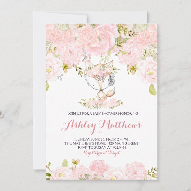 Invitaciones a la ducha de bebé chicas Baby fox (Anverso)