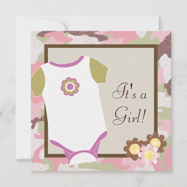 Invitaciones a la ducha de bebé con camuflaje rosa (Anverso)