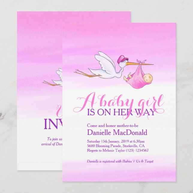 Invitaciones a la ducha de bebé con cigüeñas (Anverso / Reverso)