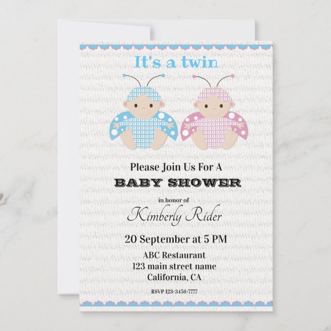 Invitaciones a la ducha de bebé con dos camas (Anverso)
