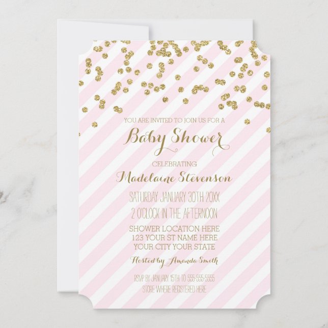 Invitaciones a la ducha de bebé con franjas rosada (Reverso)