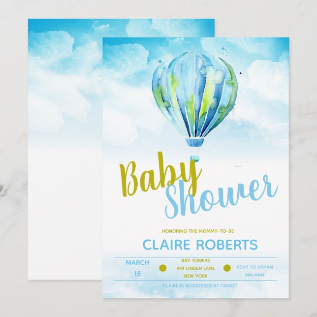 Invitaciones a la ducha de bebé con globo de aire  (Anverso / Reverso)