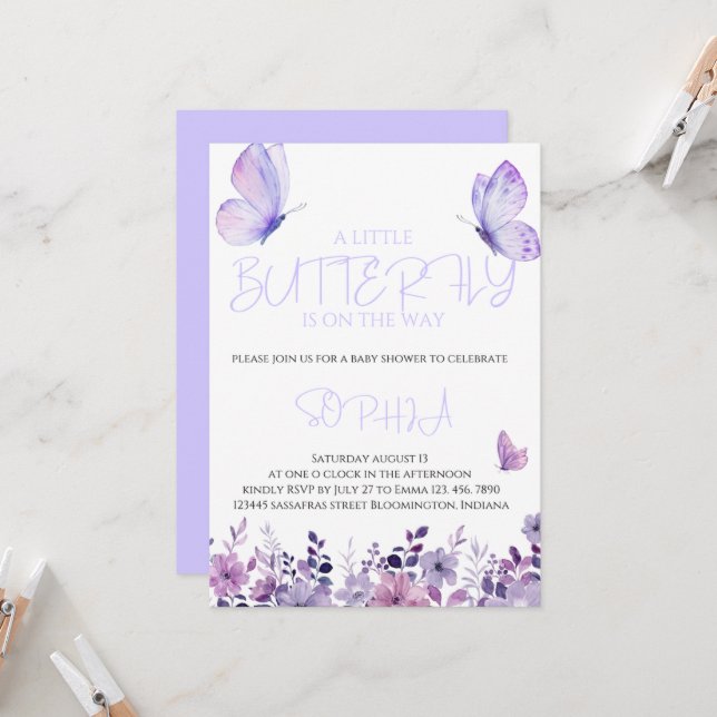 Invitaciones a la ducha de bebé con mariposa morad (Anverso/Reverso In Situ)
