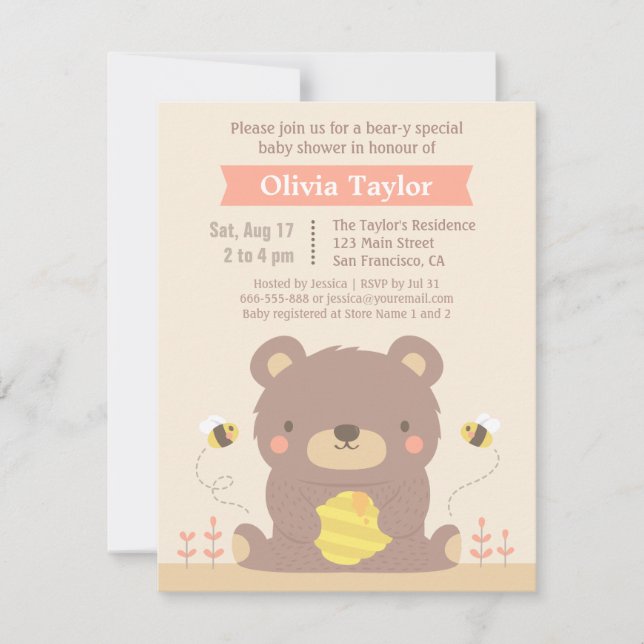 Invitaciones a la ducha de bebé con oso de bosque (Anverso)