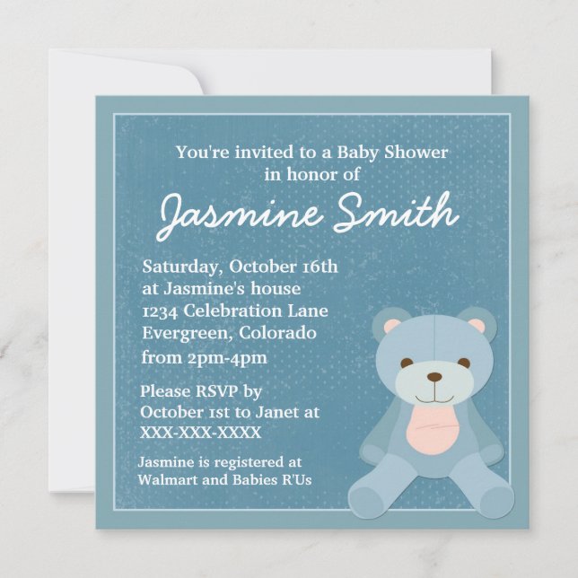 Invitaciones a la ducha de bebé con peluche de tem (Anverso)