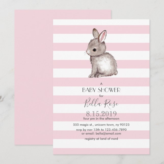 Invitaciones a la ducha de bebé conejo gris rosado (Anverso / Reverso)