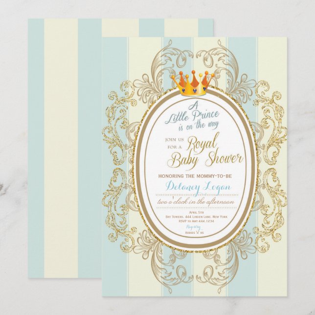Invitaciones a la ducha de bebé de Blue Gold Royal (Anverso / Reverso)
