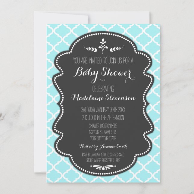 Invitaciones a la ducha de bebé de Blue Quatrefoil (Reverso)