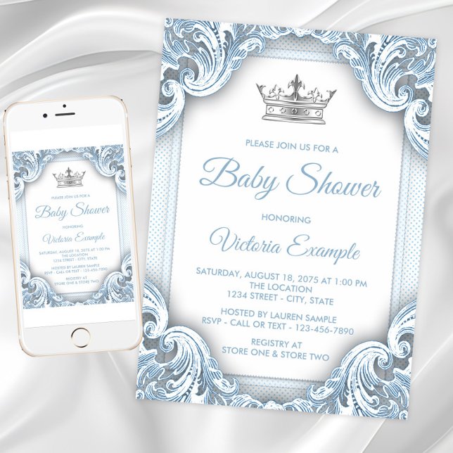 Invitaciones a la ducha de bebé de Blue Silver Pri (Blue Silver Prince Baby Shower Invitations. Instant download and printed invitations available.)
