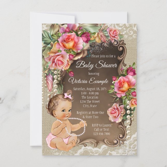 Invitaciones a la ducha de bebé de Burlap Lace (Anverso)