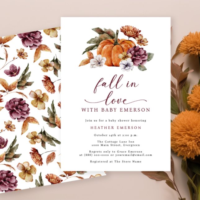 Invitaciones a la ducha de bebé de calabaza (Fall In Love With Baby Burnt Orange Baby Shower Invitation Watercolor Floral Pumpkins )