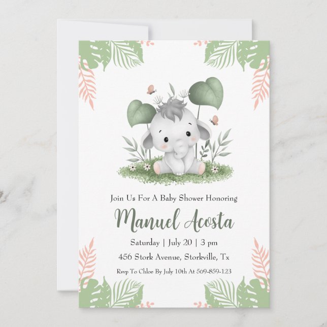 invitaciones a la ducha de bebé de elefantes de la (Anverso)