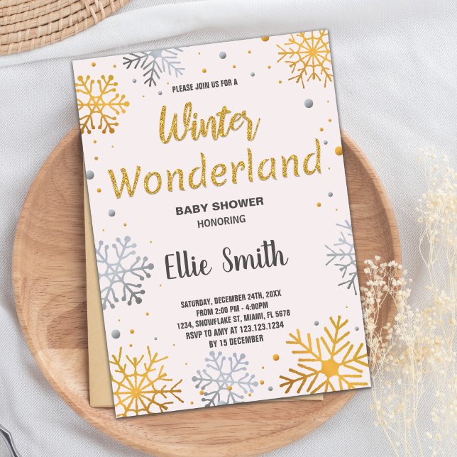 Invitaciones a la ducha de bebé de invierno Nieve  (Winter Baby Shower Invitations Golden Snow)