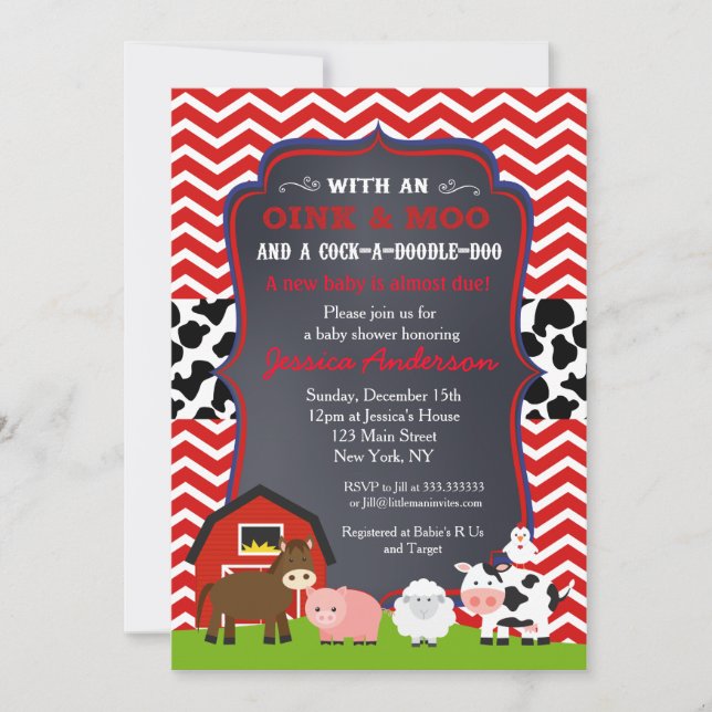 Invitaciones a la ducha de bebé de la granja Barny (Anverso)