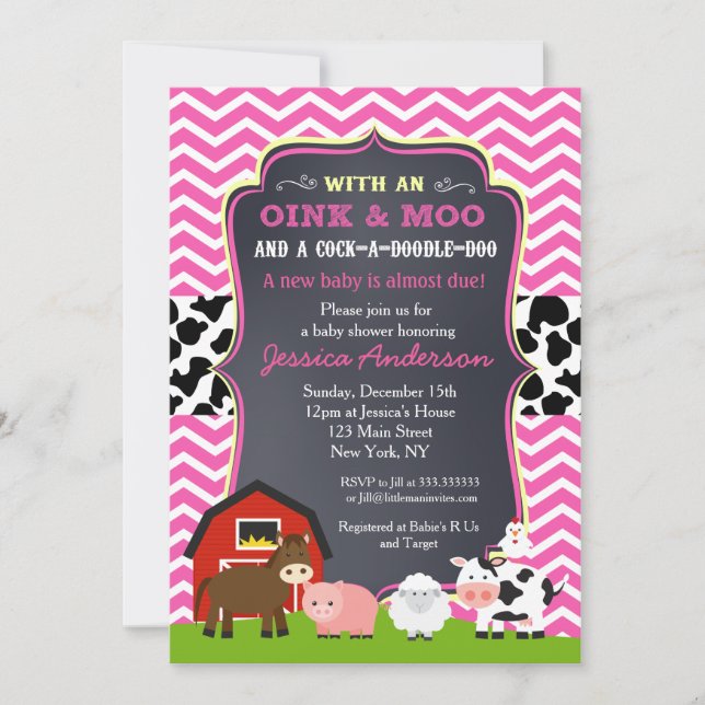 Invitaciones a la ducha de bebé de la granja Barny (Anverso)