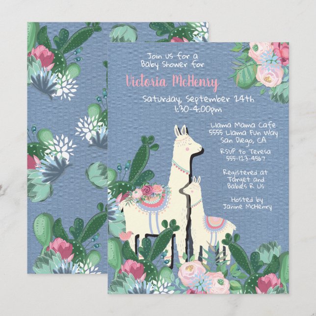 invitaciones a la ducha de bebé de llama momma Fie (Anverso / Reverso)