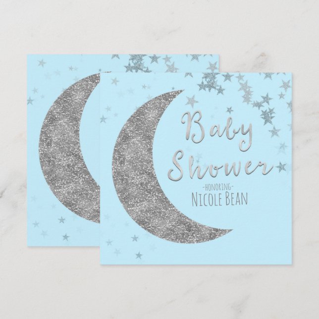 Invitaciones a la ducha de bebé de luna azul y pla (Anverso / Reverso)