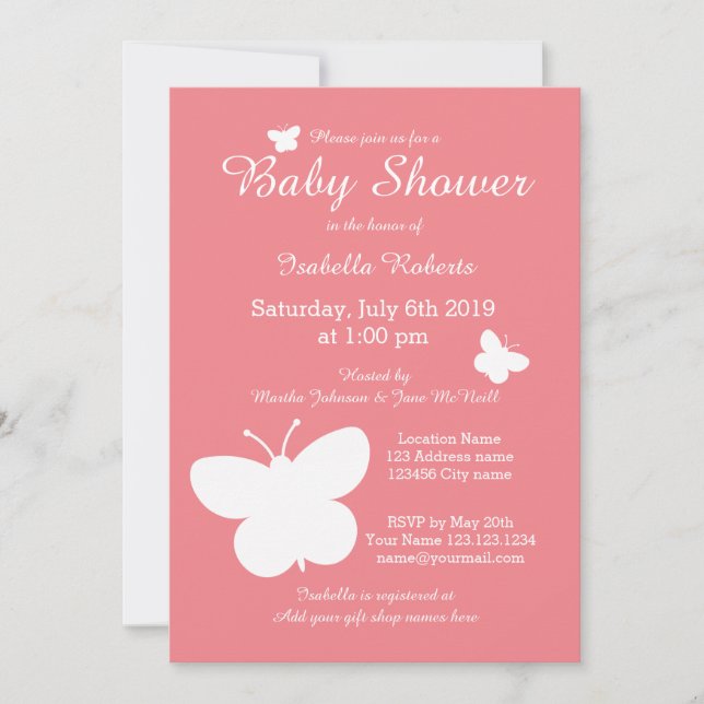 Invitaciones a la ducha de bebé de mariposas coral (Anverso)