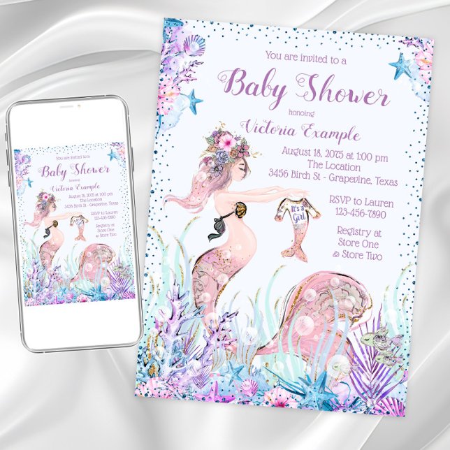 Invitaciones a la ducha de bebé de Mermaid Mom (Cute mermom baby shower invitation. Instant download and printed invitations available.)