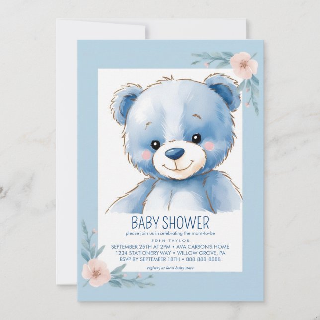 Invitaciones a la ducha de bebé de oso azul fluido (Anverso)