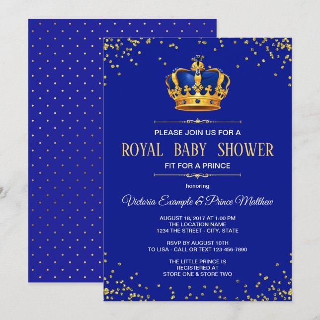 Invitaciones a la ducha de bebé de Royal Blue Gold (Anverso / Reverso)