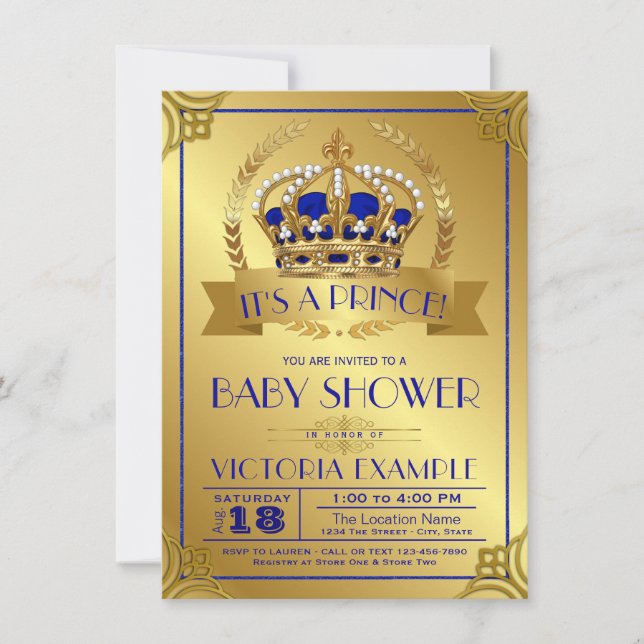 Invitaciones a la ducha de bebé de Royal Blue Gold (Anverso)