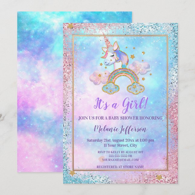 Invitaciones a la ducha de bebé de Unicorn (Anverso / Reverso)