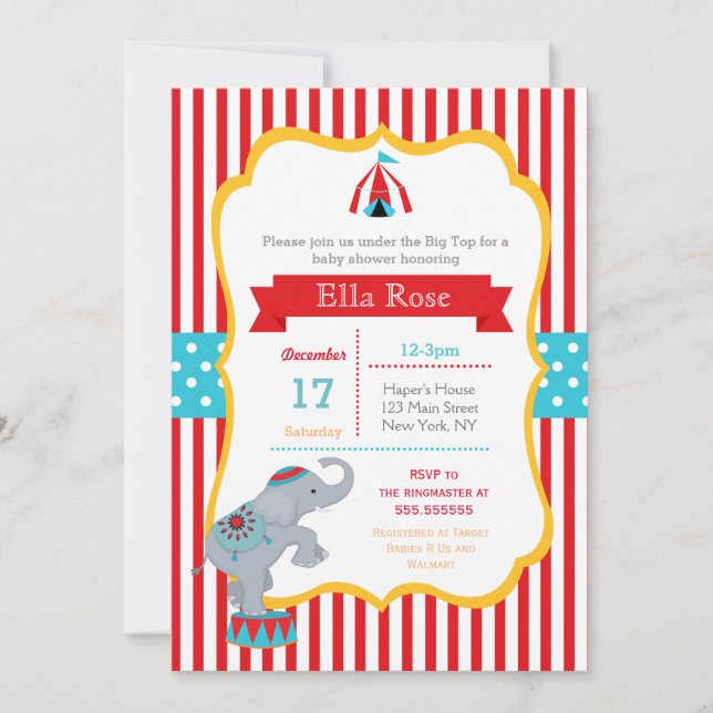 Invitaciones a la ducha de bebé del Carnaval Circo (Anverso)