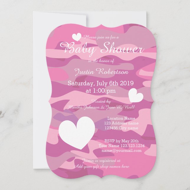 Invitaciones a la ducha de bebé del ejército rosa  (Anverso)