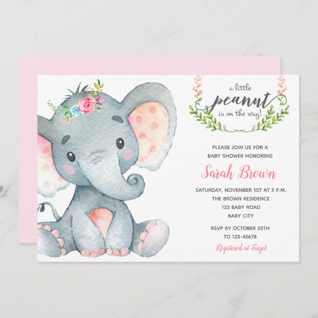 Invitaciones a la ducha de bebé elefante (Anverso / Reverso)