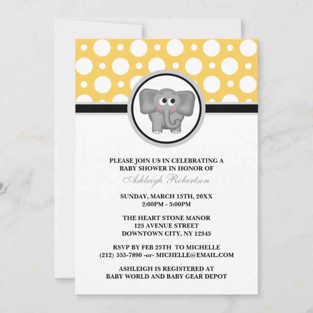 Invitaciones a la ducha de bebé elefante polka ama (Anverso)