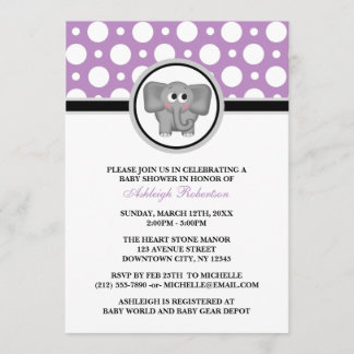 Invitaciones a la ducha de bebé elefante púrpura p