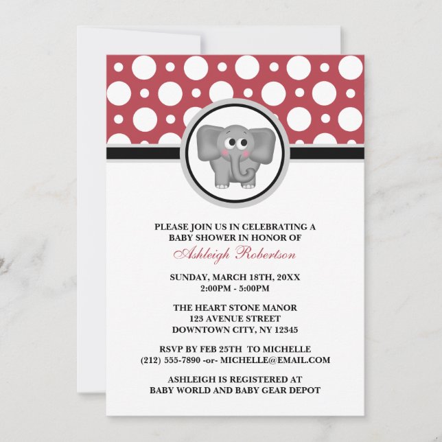 Invitaciones a la ducha de bebé elefante Red Polka (Anverso)
