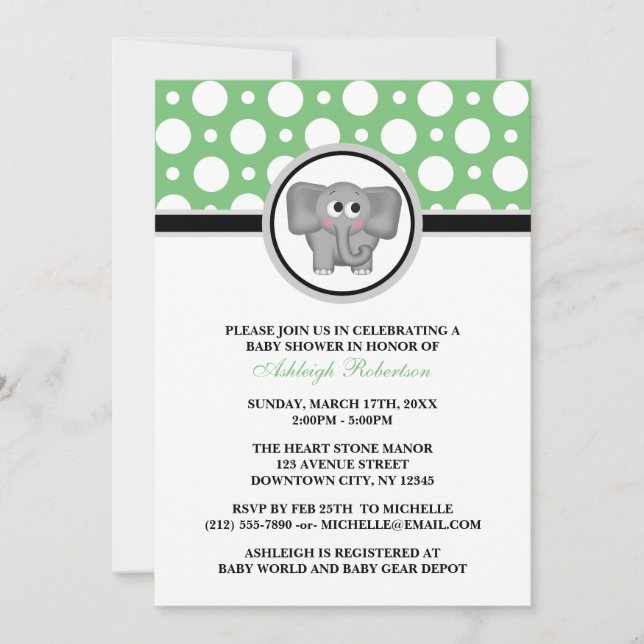 Invitaciones a la ducha de bebé elefante verde pol (Anverso)