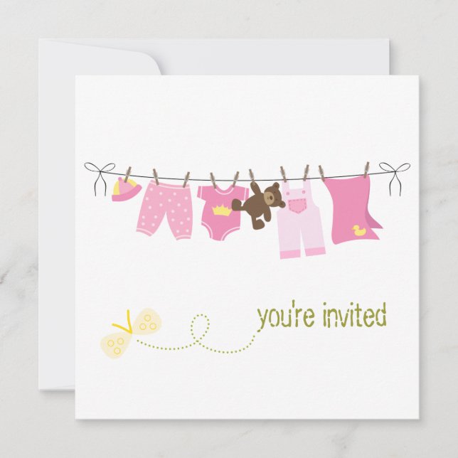 Invitaciones a la ducha de bebé en línea de ropa (Anverso)