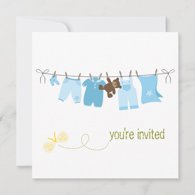 Invitaciones a la ducha de bebé en línea de ropa (Anverso)