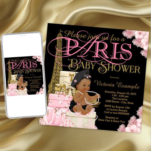 Invitaciones a la ducha de bebé en París (Pink black and gold Paris baby shower invitation. Instant download and printed invitations available)